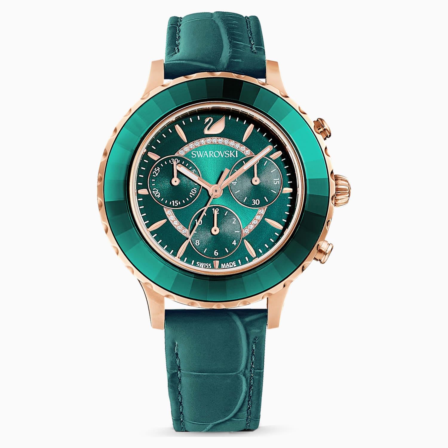 Swarovski Octea Lux Chrono Watch, Leather Strap, Green, Rose-Gold Tone PVD Swarovski Octea Lux Chrono Watch, Leather Strap, Green, Rose-Gold Tone PVD
